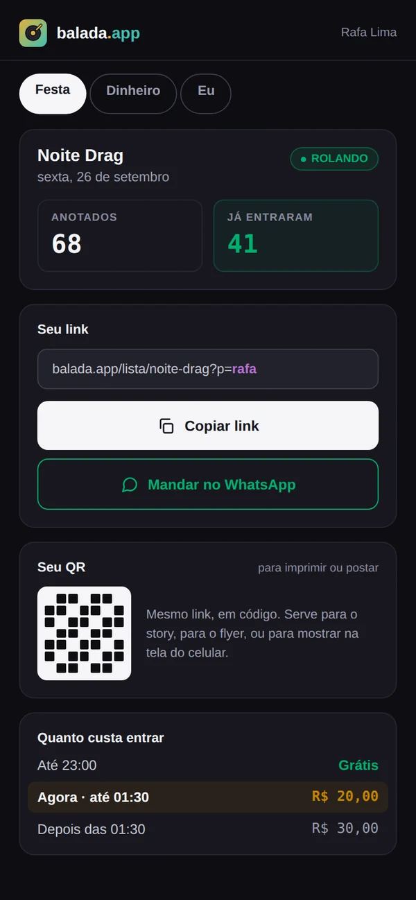 Portal do promotor no celular: quantos anotou e quantos entraram, link proprio, QR e faixas de preco